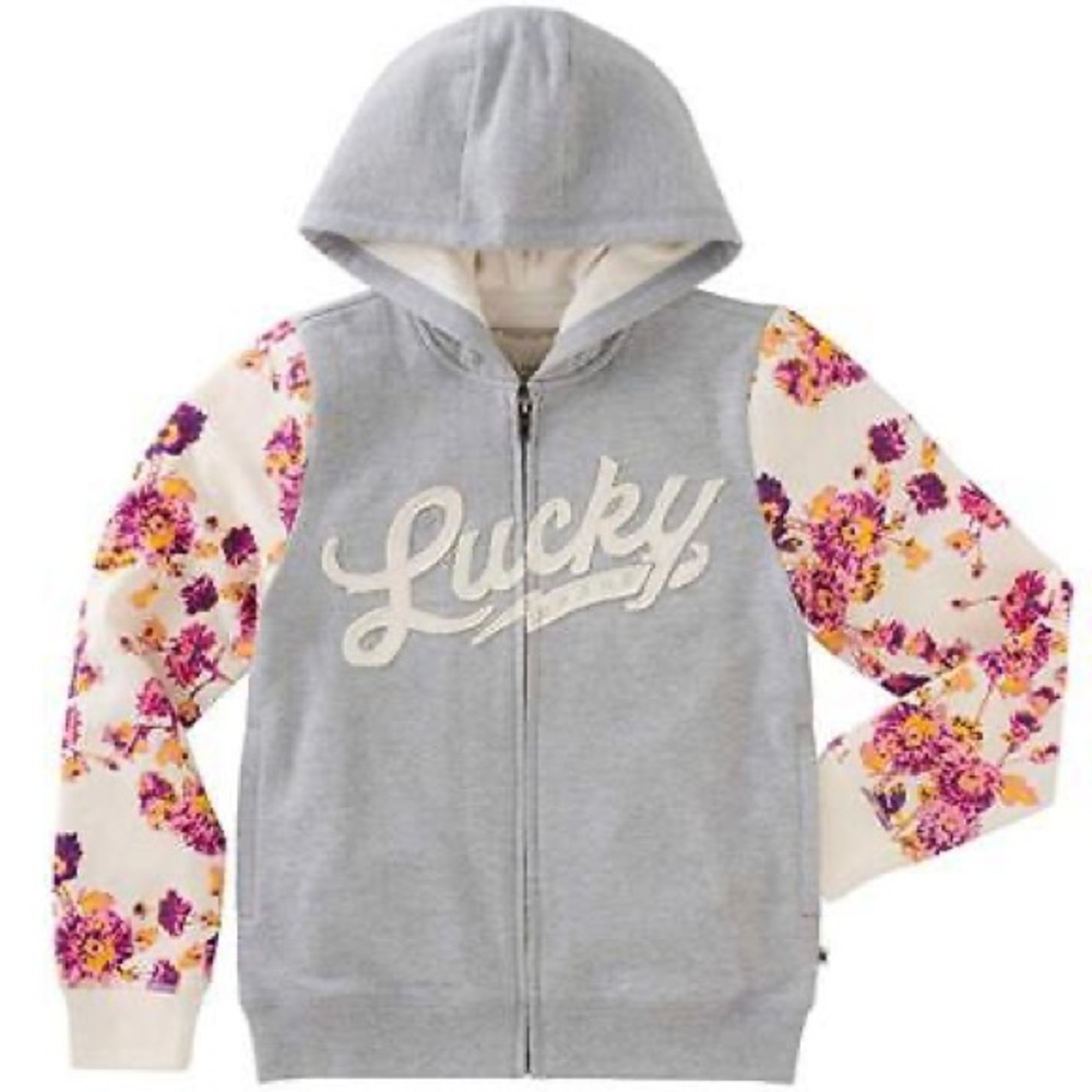 Lucky Brand Girls' Plush Lined Hoodie Jacket Gray L 14 / 16 Zipper Floral Beige